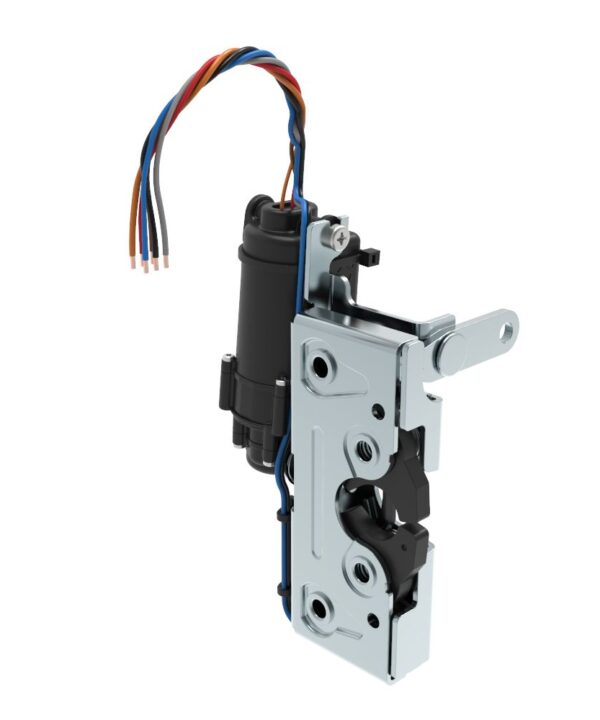 Southco Rotary Push-to-Close Latch, Heavy Duty Size, Two Stage, 12 V Electronic Actuation with Switch, Perpendicular Lever, M6 Thread, Steel, Zinc Plate, Bright chromate