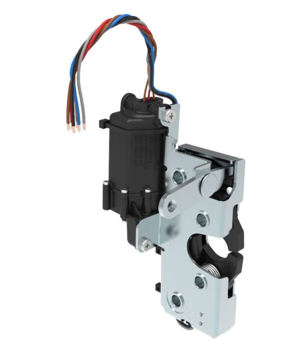 Southco Rotary Push-to-Close Latch, Heavy Duty Size, Two Stage, 12 V Electronic Actuation with Switch, Perpendicular Lever, 7.2 mm Through Hole, Steel, Zinc Plate, Bright chromate