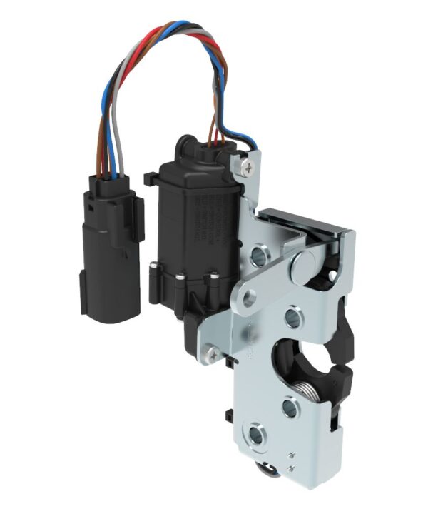 Southco Rotary Push-to-Close Latch, Heavy Duty Size, Two Stage, 12 V Electronic Actuation with Switch, Perpendicular Lever, 7.2 mm Through Hole, Steel, Zinc Plate, Bright chromate