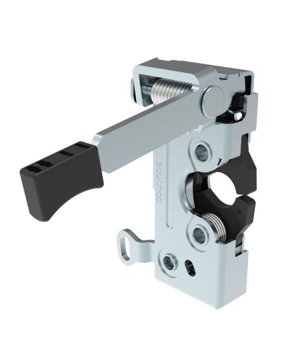 Southco Push-to-close Rotary Latch, Heavy Duty Size, Two Stage, Pre-loaded Hand Lever, Dual Trigger, Hand / Bottom Cable, Rod, M6 Thread, Steel, Zinc Plate, Bright Chromate
