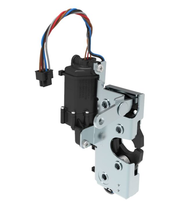 Southco Rotary Push-to-Close Latch, Heavy Duty Size, Two Stage, 12 V Electronic Actuation with Switch, Perpendicular Lever, 1/4-20 Thread, Steel, Zinc Plate, Bright chromate