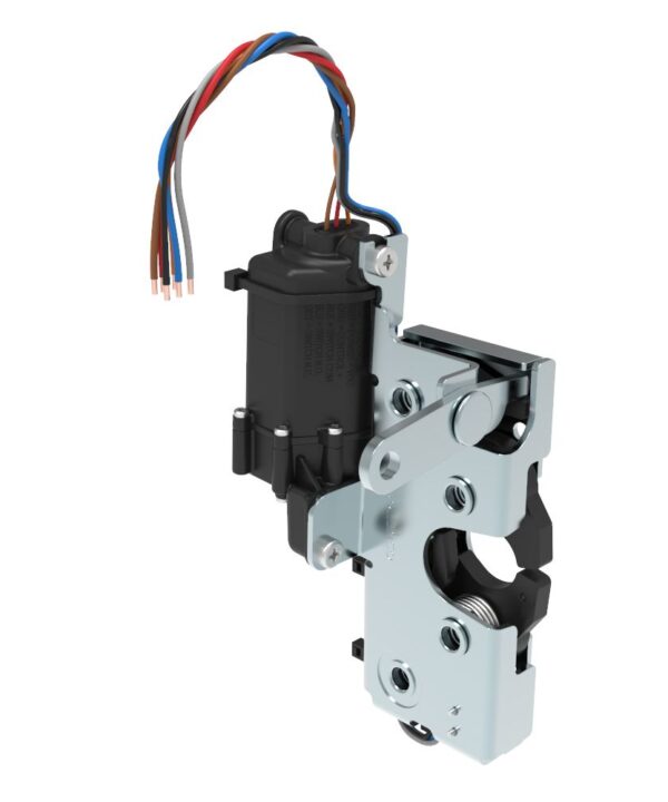 Southco Rotary Push-to-Close Latch, Heavy Duty Size, Two Stage, 12 V Electronic Actuation with Switch, Perpendicular Lever, 1/4-20 Thread, Steel, Zinc Plate, Bright chromate