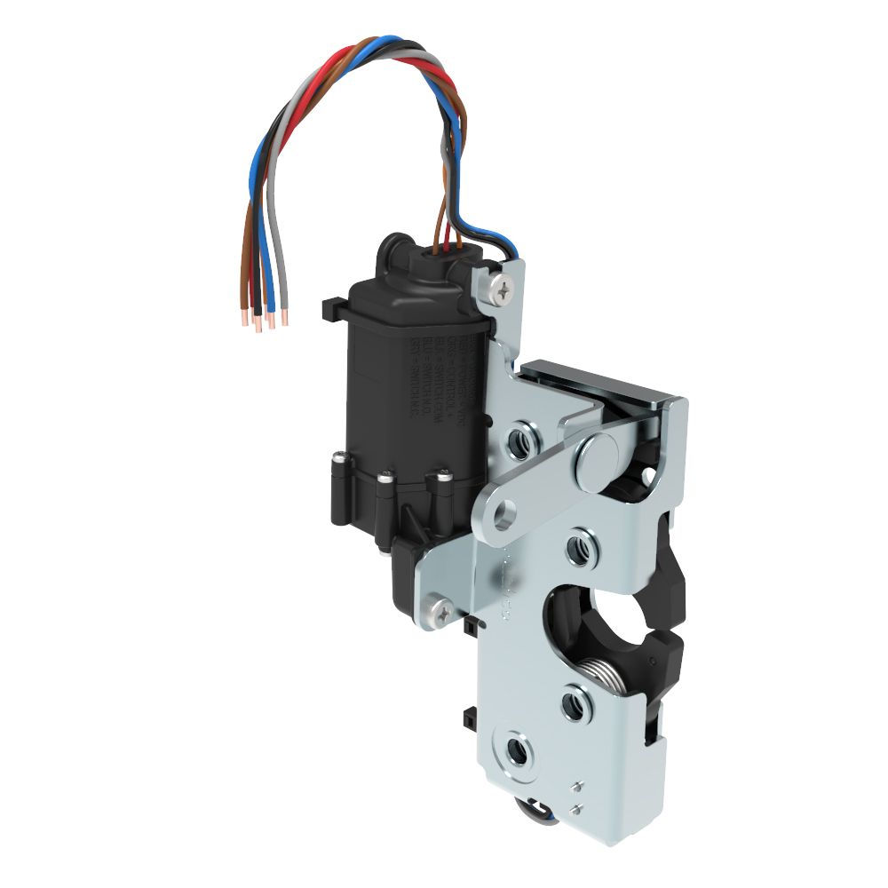 Southco Rotary Push-to-Close Latch, Heavy Duty Size, Two Stage, 12 V Electronic Actuation with Switch, Perpendicular Lever, 1/4-20 Thread, Steel, Zinc Plate, Bright chromate