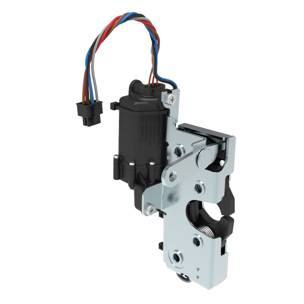 Southco Rotary Push-to-Close Latch, Heavy Duty Size, Two Stage, 12 V Electronic Actuation with Switch, Perpendicular Lever, M6 Thread, Steel, Zinc Plate, Bright chromate