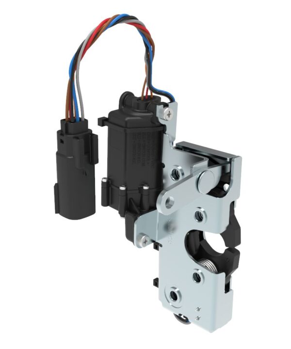 Southco Rotary Push-to-Close Latch, Heavy Duty Size, Two Stage, 12 V Electronic Actuation with Switch, Perpendicular Lever, M6 Thread, Steel, Zinc Plate, Bright chromate