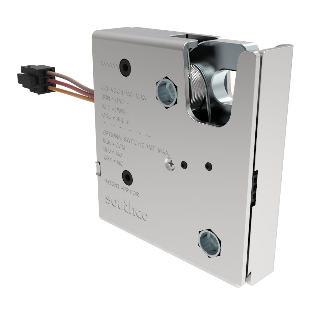 Southco Electronic Rotary Push-to-Close Latch, Auto Relock, Without Latch Status Microswitch, Non-sealed Connector, Thru Hole, Steel Housing, Zinc Plate, Bright chromate