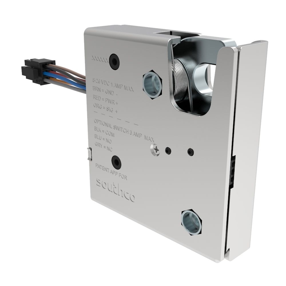Southco Electronic Rotary Push-to-Close Latch, Auto Relock, With Cam Switch, Non-sealed Connector, M6 X 1.0, Steel Housing, Zinc Plate, Bright chromate