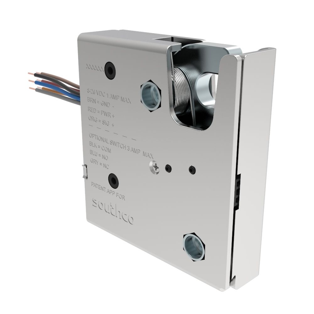 Southco Electronic Rotary Push-to-Close Latch, Delayed Relock, With Cam Switch, No Connector, M6 X 1.0, Steel Housing, Zinc Plate, Bright chromate