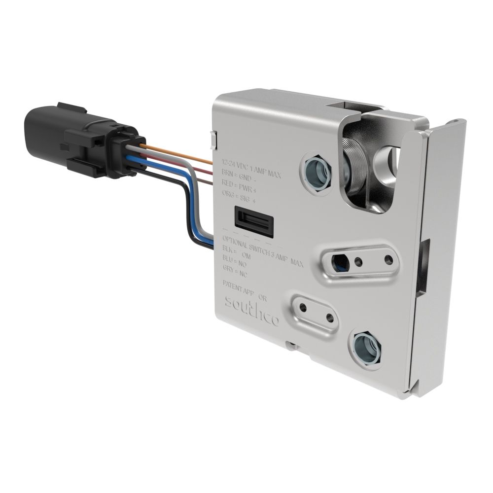 Southco Electronic Rotary Push-to-Close Latch, Delayed Relock, Without Latch Status Microswitch, Sealed Connector, 1/4-20 Thread, Steel Housing, Nickel Plated