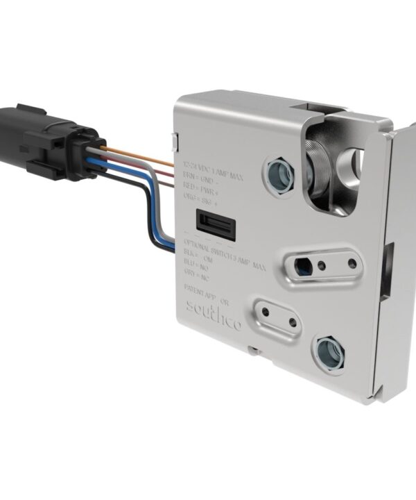 Southco Electronic Rotary Push-to-Close LatchDelayed RelockUL Class 1 Div 2Without Latch Status MicroswitchSealed Connector1/4-20 ThreadSteel HousingNickel Plated
