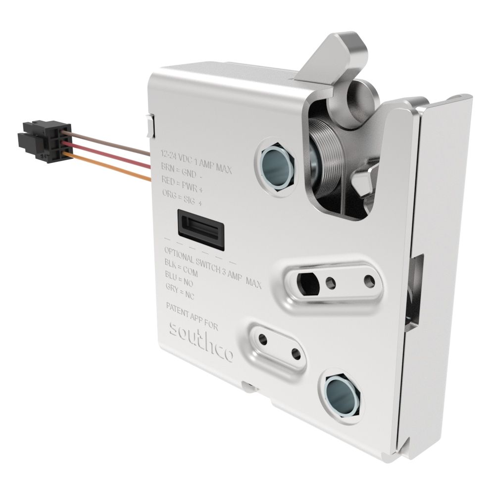 Southco Electronic Rotary Push-to-Close Latch, Delayed Relock, Without Latch Status Microswitch, Non-sealed Connector, 1/4-20 Thread, Steel Housing, Nickel Plated