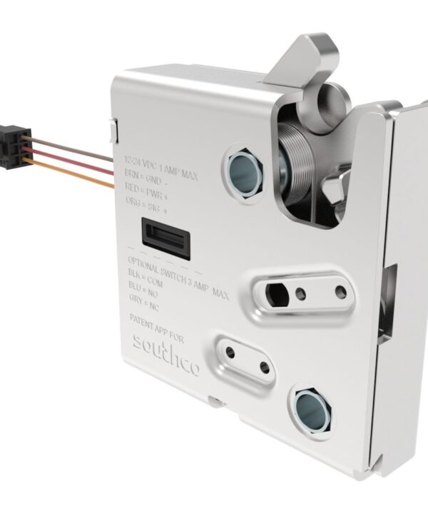 Southco Electronic Rotary Push-to-Close LatchDelayed RelockUL Class 1 Div 2Without Latch Status MicroswitchNon-sealed Connector1/4-20 ThreadSteel HousingNickel Plated