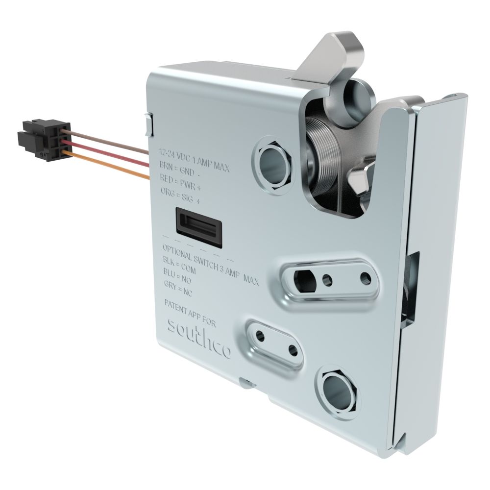 Southco Electronic Rotary Push-to-Close LatchDelayed RelockUL Class 1 Div 2Without Latch Status MicroswitchNon-sealed Connector1/4-20 ThreadStainless Steel HousingPassivated