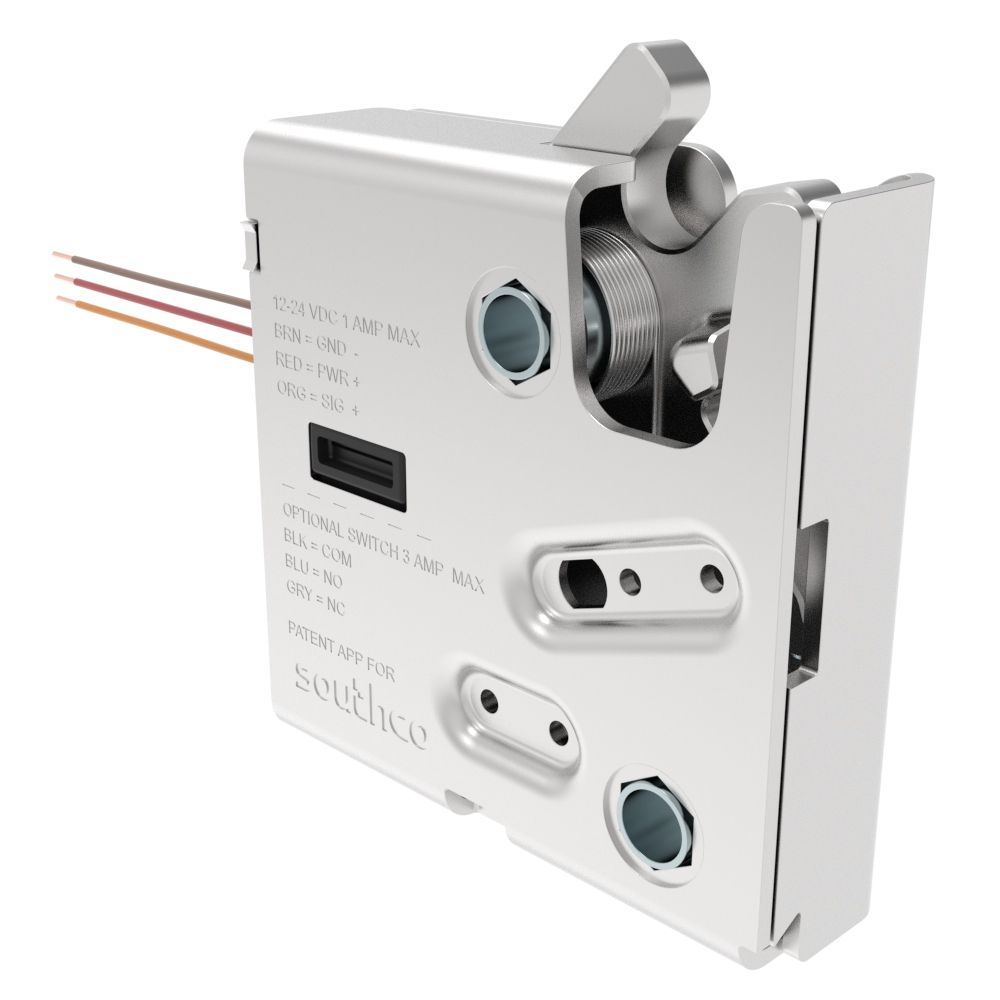 Southco Electronic Rotary Push-to-Close Latch, Delayed Relock, Without Latch Status Microswitch, No Connector, 1/4-20 Thread, Steel Housing, Nickel Plated