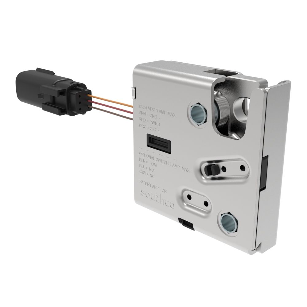 Southco Electronic Rotary Push-to-Close Latch, Delayed Relock, Without Latch Status Microswitch, Sealed Connector, Thru Hole, Steel Housing, Nickel Plated