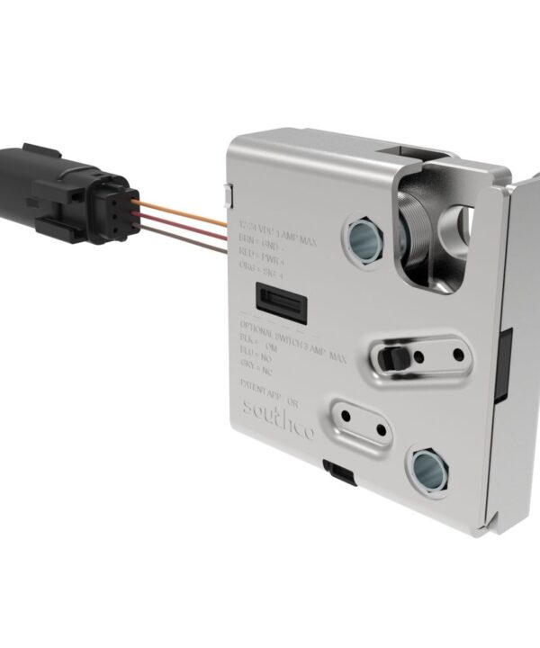 Southco Electronic Rotary Push-to-Close LatchDelayed RelockUL Class 1 Div 2Without Latch Status MicroswitchSealed Connector1/4-20 ThreadSteel HousingNickel Plated
