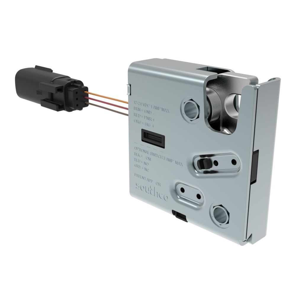 Southco Electronic Rotary Push-to-Close Latch, Delayed Relock, Without Latch Status Microswitch, Sealed Connector, M6 X 1.0, Stainless Steel Housing, Passivated