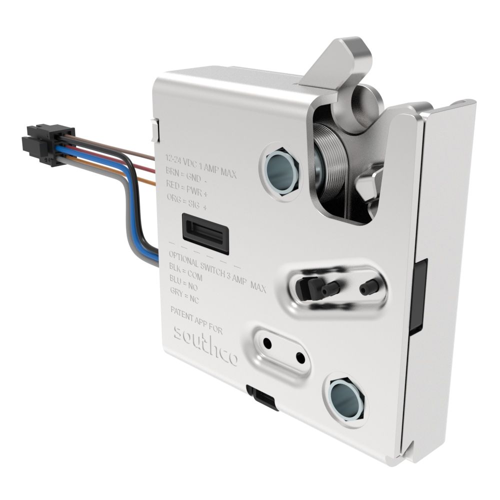 Southco Electronic Rotary Push-to-Close Latch, Delayed Relock, Non-sealed Connector, 1/4-20 Thread, Steel Housing, Nickel Plated