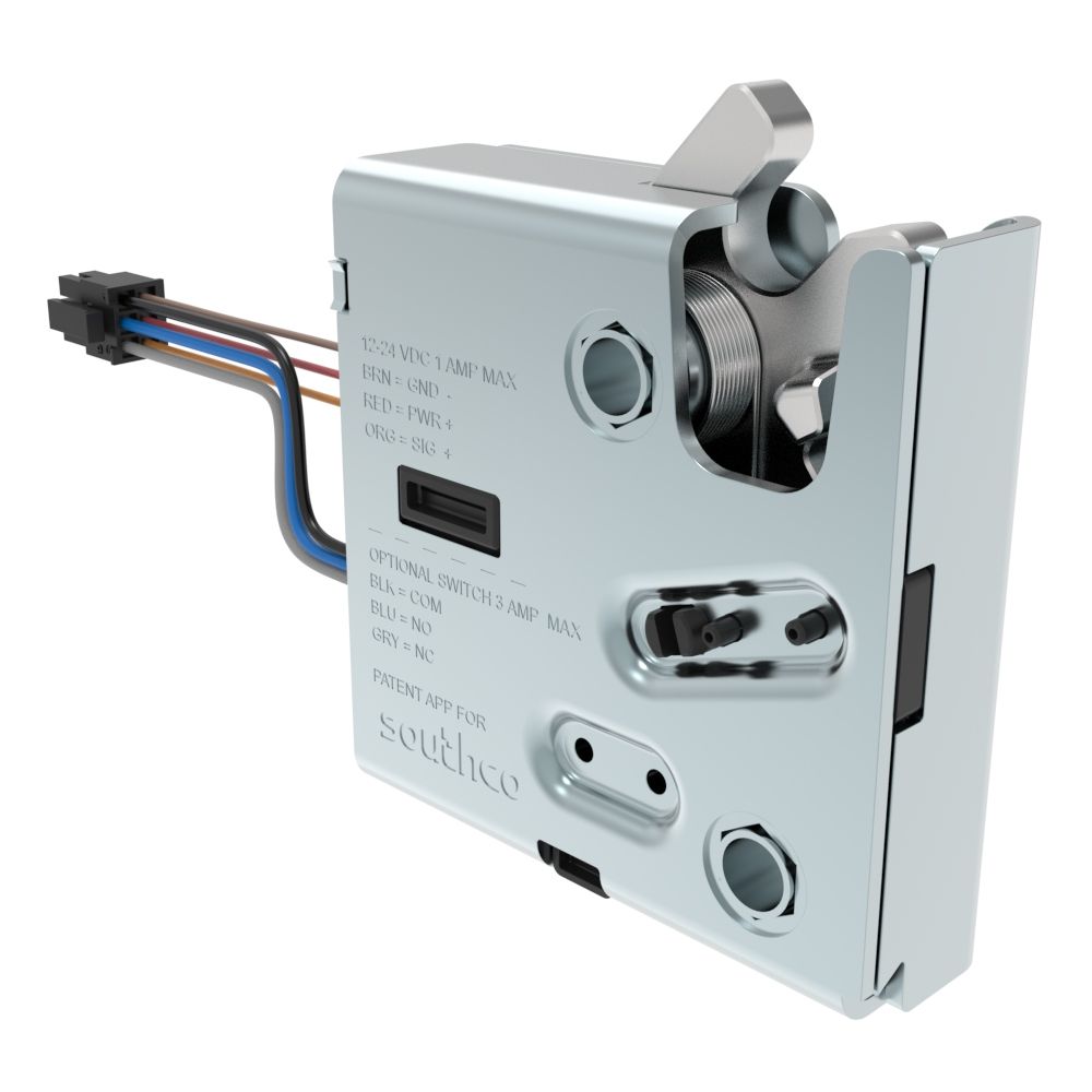 Southco Electronic Rotary Push-to-Close Latch, Delayed Relock, Non-sealed Connector, M6 X 1.0, Stainless Steel Housing, Passivated