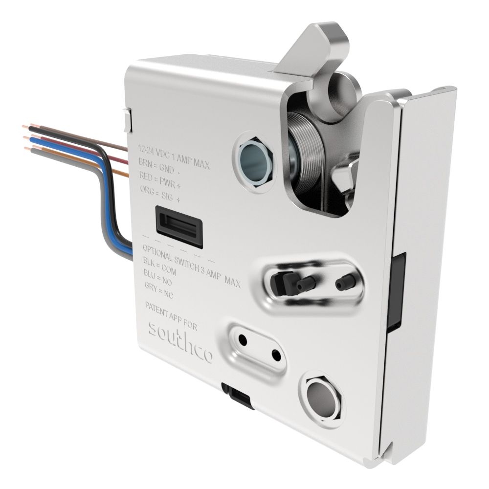 Southco Electronic Rotary Push-to-Close Latch, Delayed Relock, No Connector, M6 X 1.0, Steel Housing, Nickel Plated