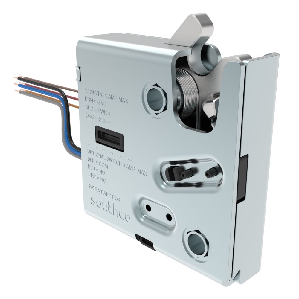 Southco Electronic Rotary Push-to-Close Latch, Delayed Relock, With Cam Switch, No Connector, 1/4-20 Thread, Stainless Steel Housing, Passivated