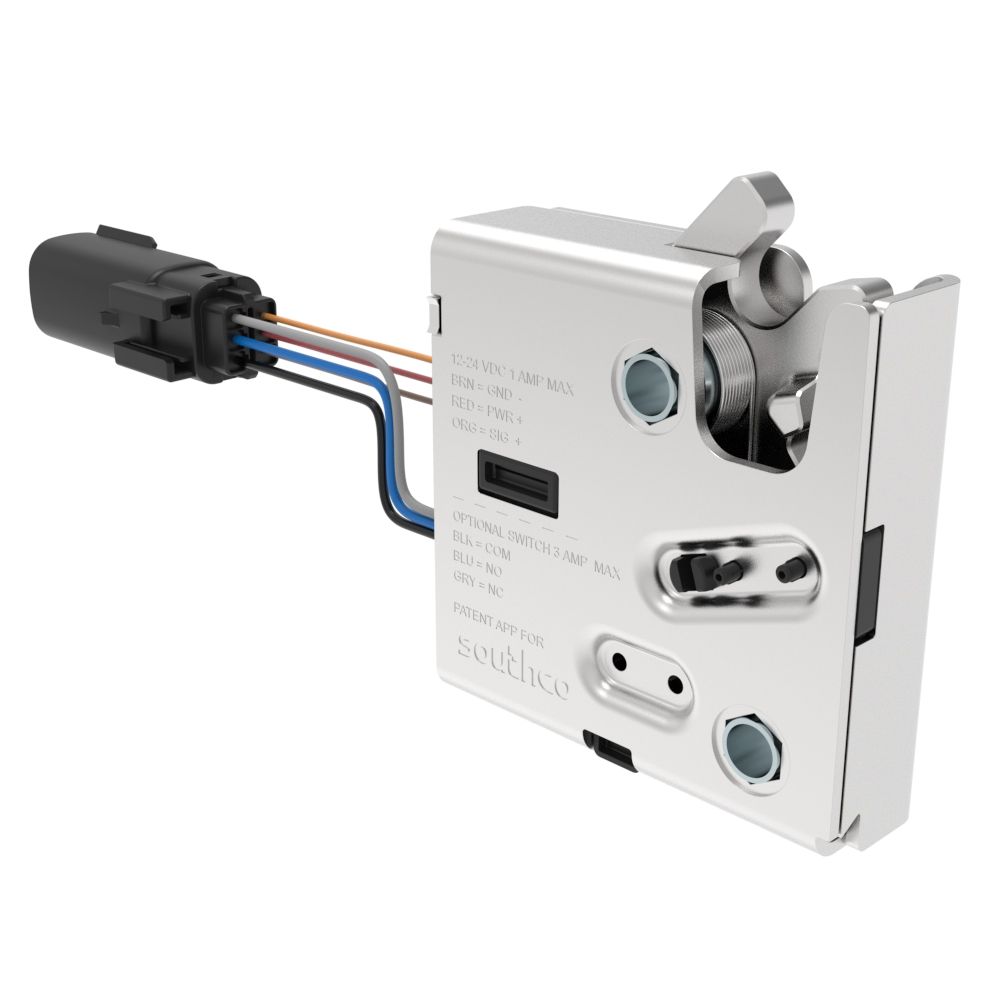 Southco Electronic Rotary Push-to-Close LatchDelayed RelockUL Class 1 Div 2With Cam SwitchSealed ConnectorThru HoleSteel HousingNickel Plated