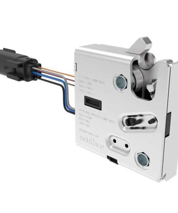 Southco Electronic Rotary Push-to-Close LatchDelayed RelockUL Class 1 Div 2With Cam SwitchSealed ConnectorM6 X 1.0Steel HousingNickel Plated