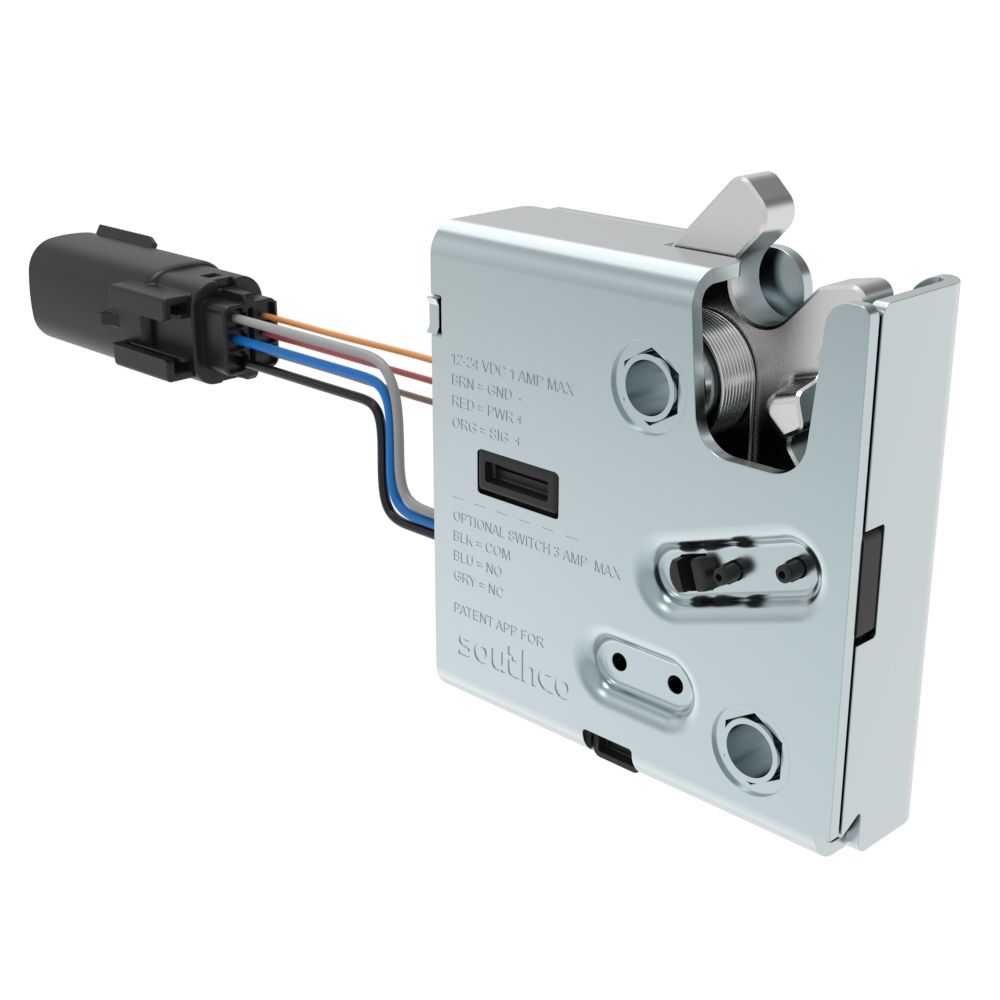 Southco Electronic Rotary Push-to-Close Latch, Delayed Relock, With Cam Switch, Sealed Connector, M6 X 1.0, Stainless Steel Housing, Passivated