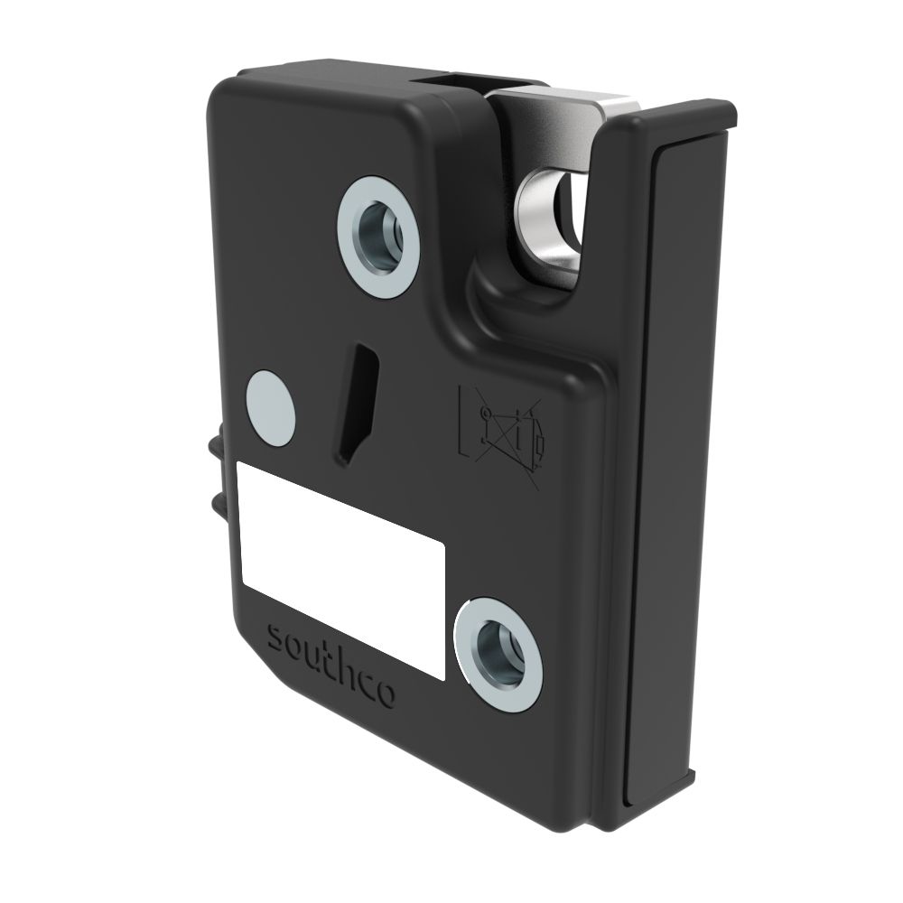 Southco Electronic Rotary Push-to-Close Latch, Auto Relock, 24 volts, With Latch Status Microswitch, Non-sealed Connector, 1/4-20 Thread, Plastic and Steel Housing