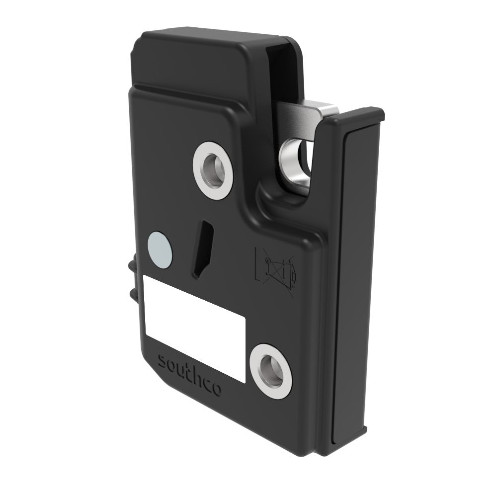 Southco Electronic Rotary Push-to-Close Latch, Auto Relock, 24 volts, With Latch Status Microswitch and Door Sensor Microswitch, Non-sealed Connector, M6 X 1.0, Plastic and Steel Housing