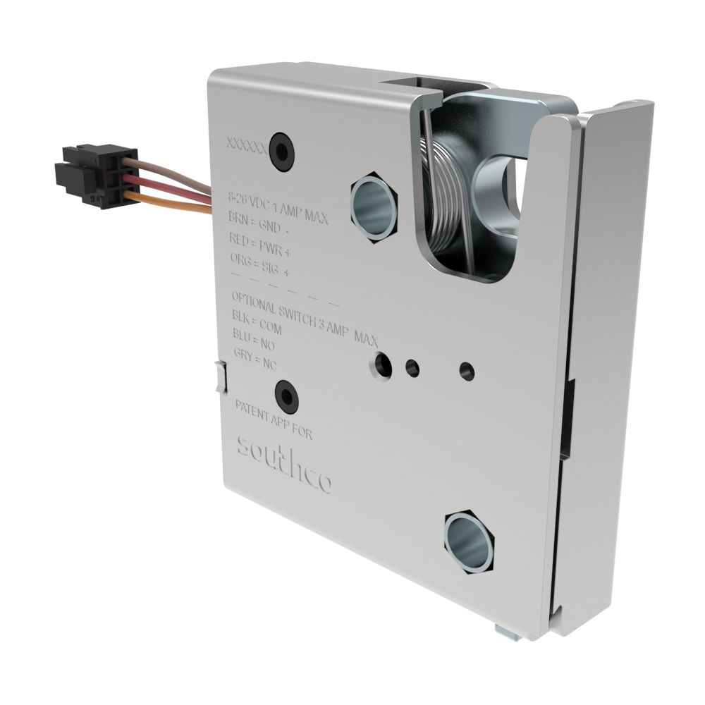 Southco Electronic Rotary Push-to-Close Latch, Delayed Relock, With No Switch, Non-sealed Connector, Thru Hole Thread, Steel, Zinc Plate, Bright chromate Housing