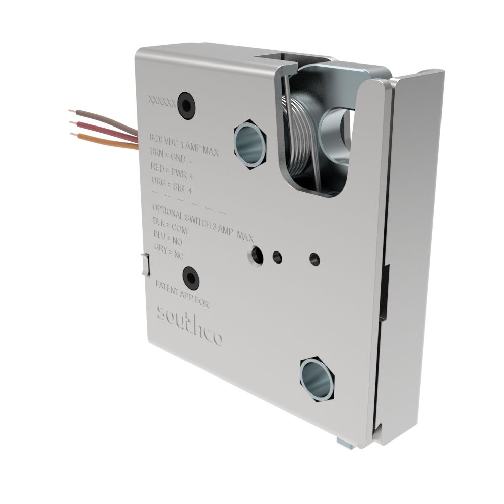 Southco Electronic Rotary Push-to-Close Latch, Delayed Relock, With No Switch, No Connector, 1/4-20 Thread, Steel, Zinc Plate, Bright chromate Housing