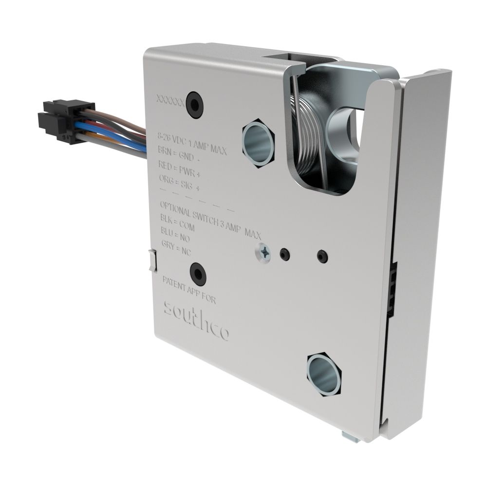 Southco Electronic Rotary Push-to-Close Latch, Delayed Relock, With Cam Switch, Non-sealed Connector, M6 X 1.0 Thread, Steel, Zinc Plate, Bright chromate Housing