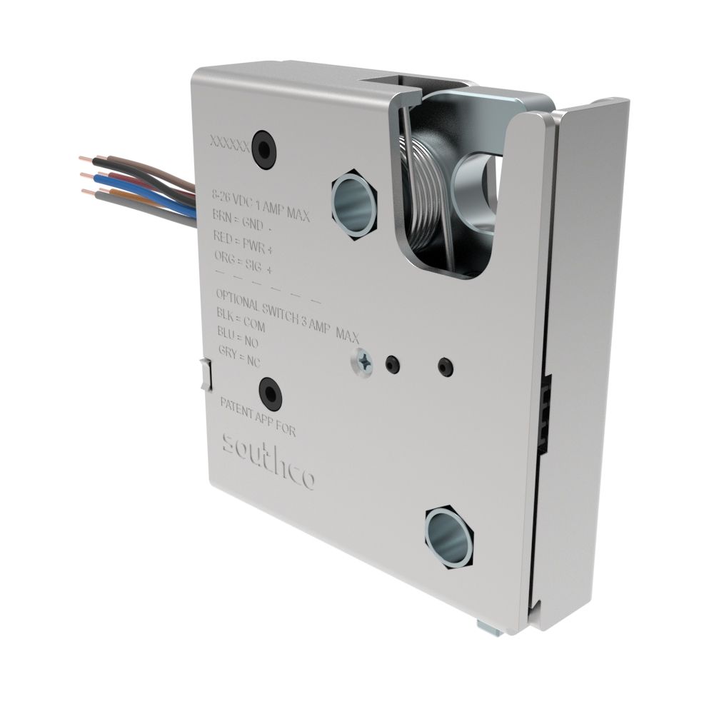 Southco Electronic Rotary Push-to-Close Latch, Auto Relock, With Cam Switch, No Connector, Thru Hole Thread, Steel, Zinc Plate, Bright chromate Housing