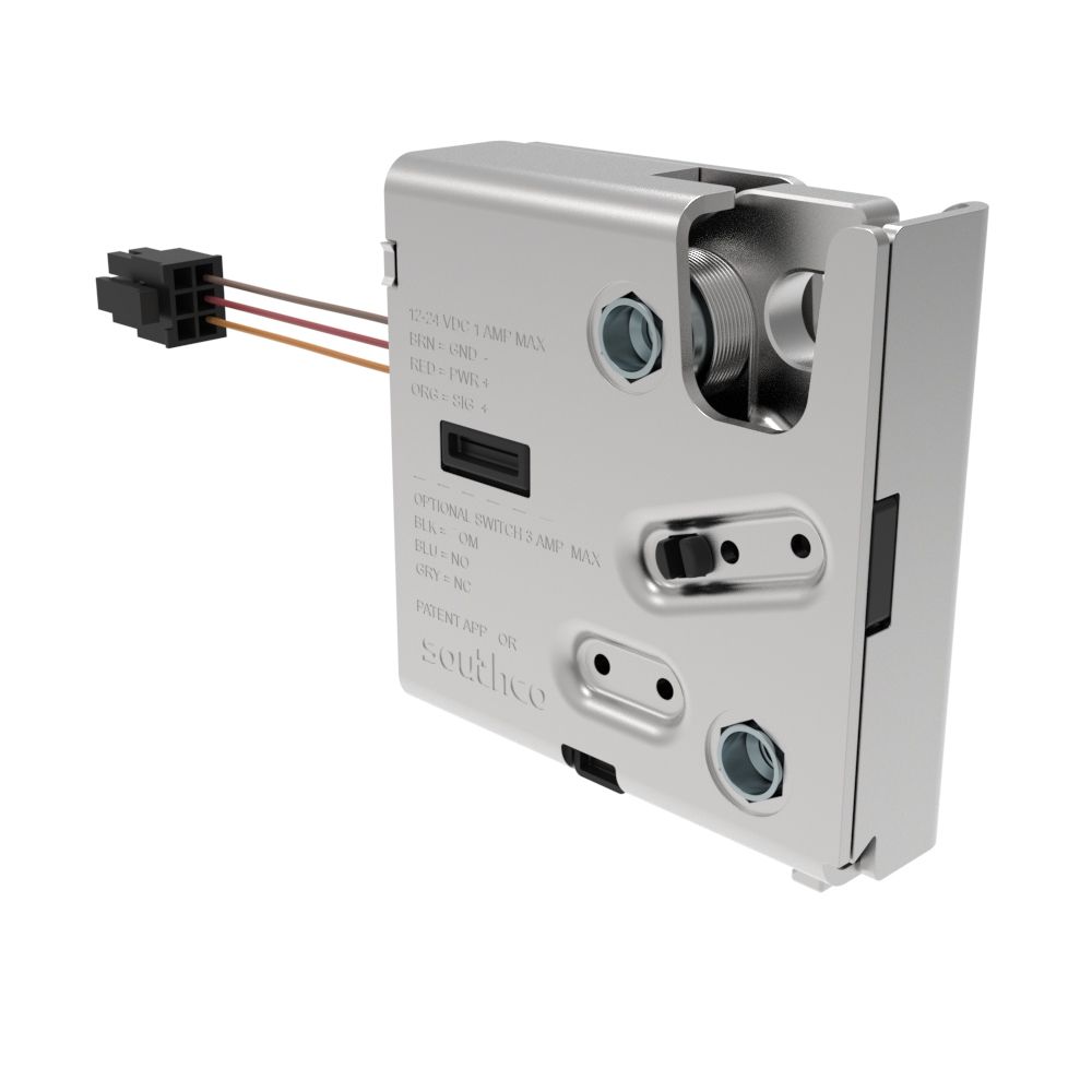 Southco Electronic Rotary Push-to-Close Latch, Delayed Relock, Rear Trigger, Without Latch Status Microswitch, Non-sealed Connector, 1/4-20 Thread, Plastic and Steel Housing, Nickel Plated