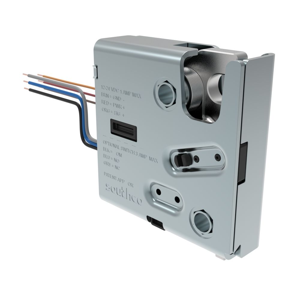 Southco Electronic Rotary Push-to-Close Latch, Delayed Relock, Rear Trigger, With Cam Switch, No Connector, Thru Hole, Stainless Steel Housing, Passivated