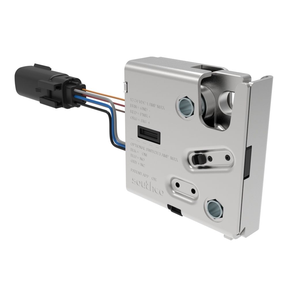 Southco Electronic Rotary Push-to-Close Latch, Delayed Relock, Rear Trigger, With Cam Switch, Sealed Connector, M6 X 1.0, Steel Housing, Nickel Plated