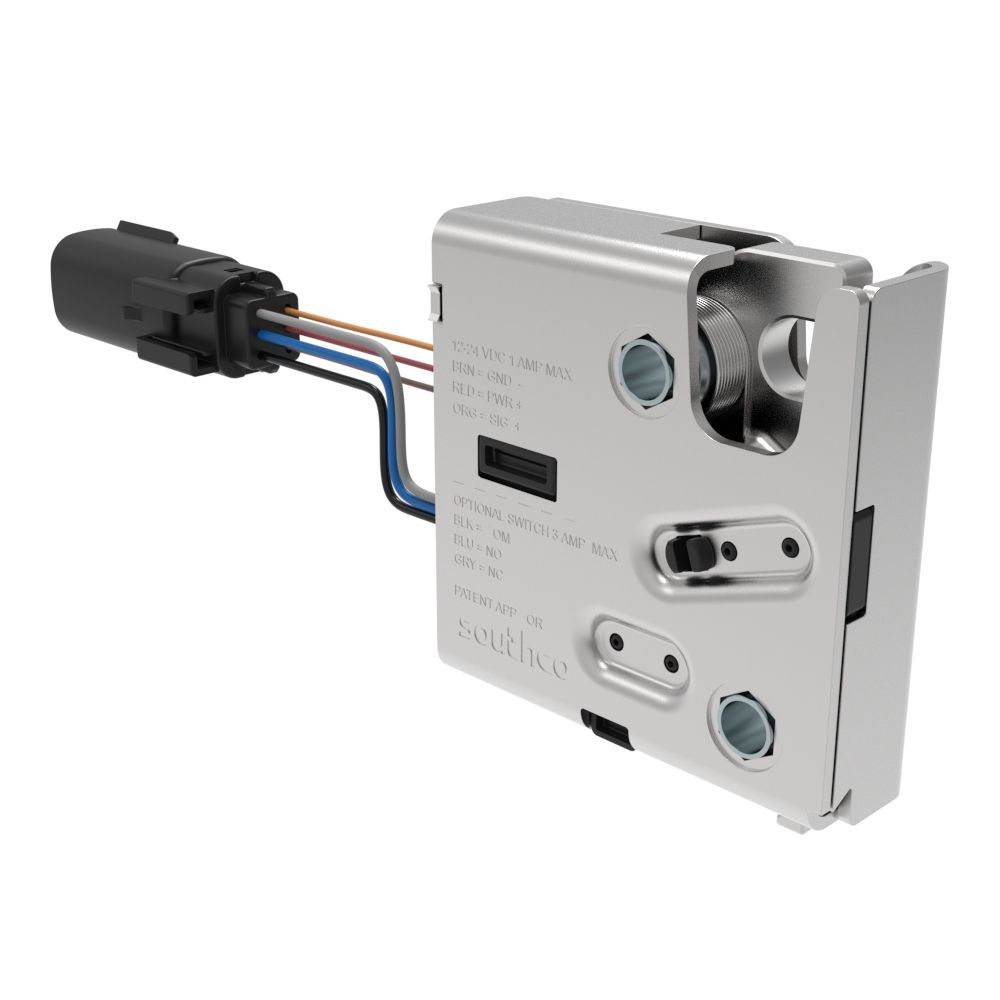 Southco Electronic Rotary Push-to-Close Latch, Delayed Relock, Rear Trigger, Sealed Connector, 1/4-20 Thread, Steel Housing, Nickel Plated