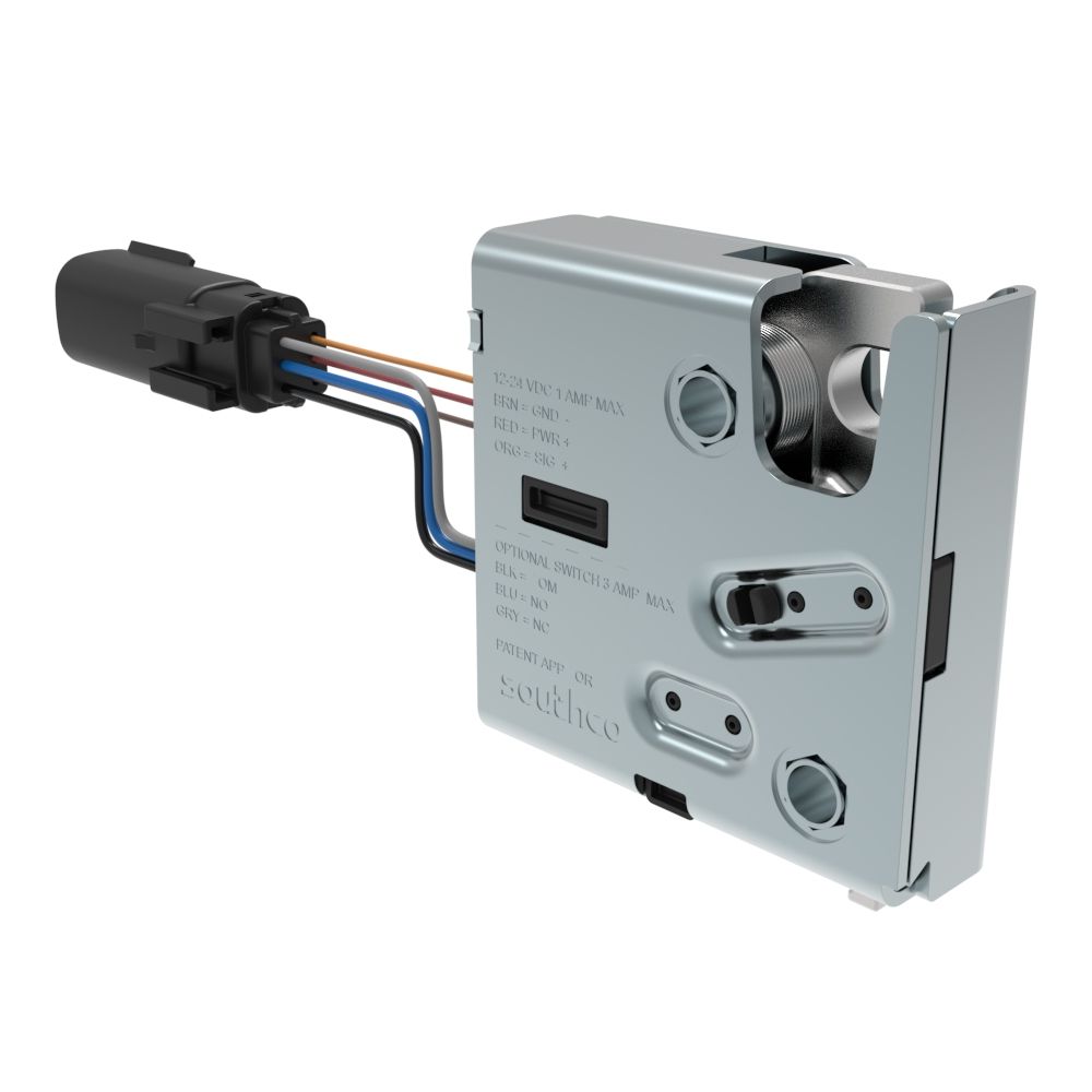 Southco Electronic Rotary Push-to-Close Latch, Delayed Relock, Rear Trigger, Sealed Connector, Thru Hole, Stainless Steel Housing, Passivated