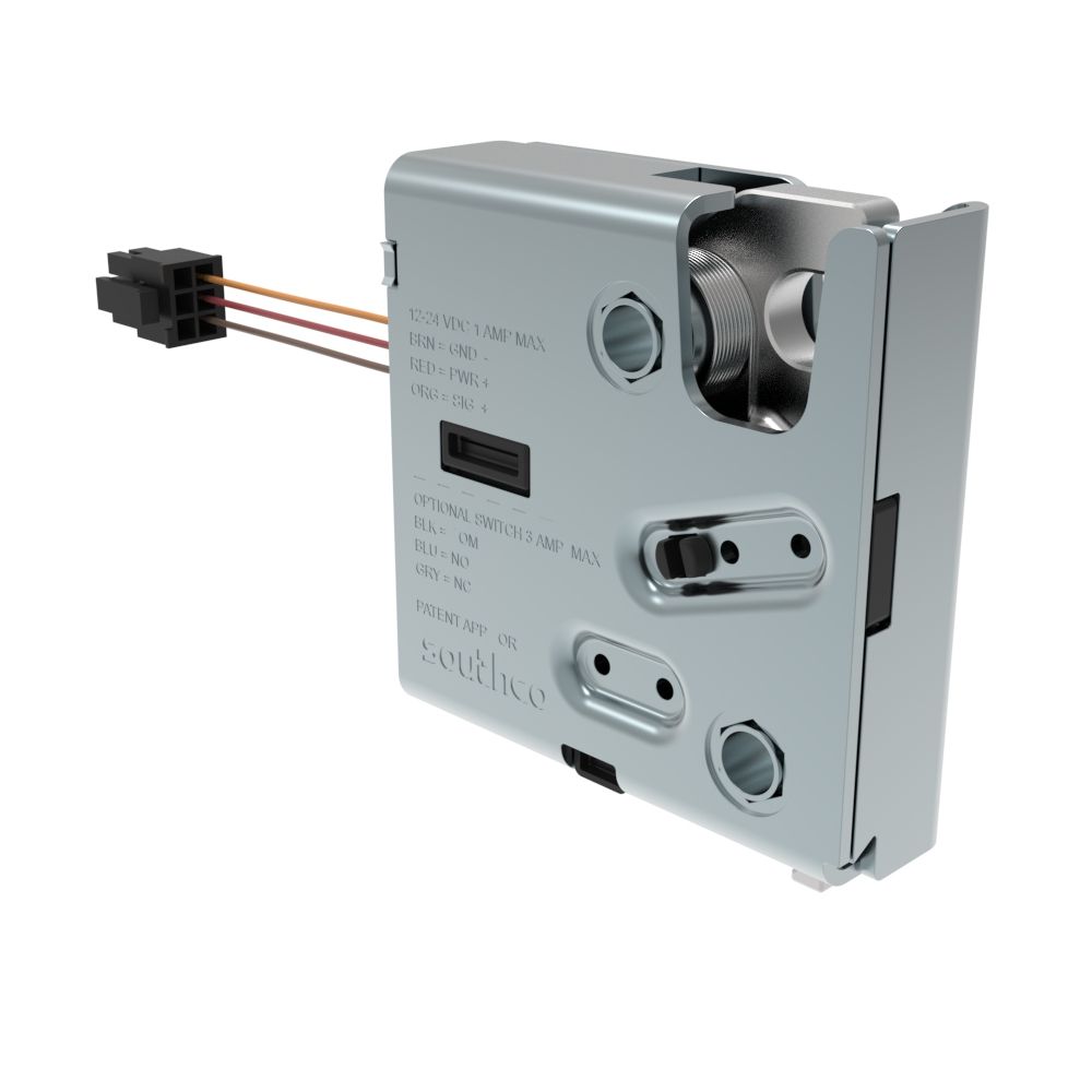 Southco Electronic Rotary Push-to-Close Latch, Delayed Relock, Rear Trigger, Without Latch Status Microswitch, Non-sealed Connector, Thru Hole, Stainless Steel Housing, Passivated