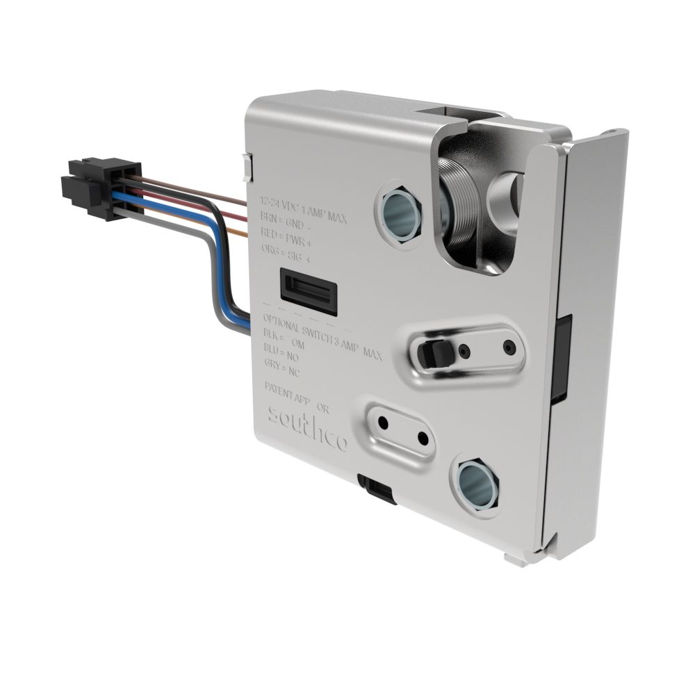 Southco Electronic Rotary Push-to-Close Latch, Delayed Relock, Rear Trigger, With Cam Switch, Non-sealed Connector, 1/4-20 Thread, Steel Housing, Nickel Plated