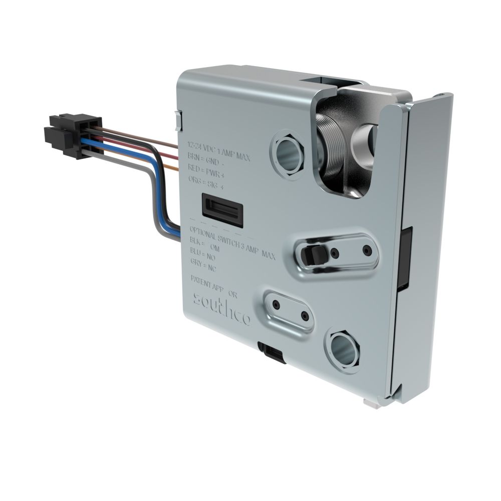 Southco Electronic Rotary Push-to-Close Latch, Delayed Relock, Rear Trigger, Non-sealed Connector, 1/4-20 Thread, Stainless Steel Housing, Passivated
