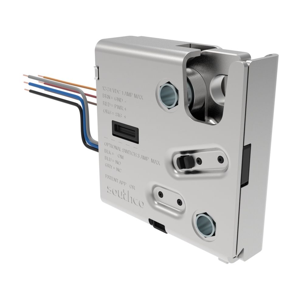 Southco Electronic Rotary Push-to-Close Latch, Delayed Relock, Rear Trigger, No Connector, M6 X 1.0, Steel Housing, Nickel Plated