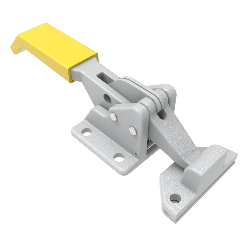 Southco Compression Latch, Over-Center Lever Latch, Pad Lockable, Yellow Vinyl Grip, 10-32 Tapped Mounting Holes, Malleable Iron, Zinc Immersion Coating