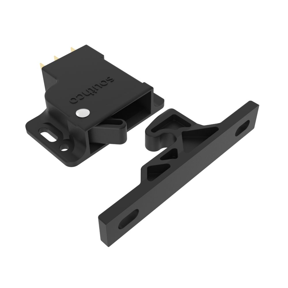 Southco Push-to-Close Latch, Rivet / Screw (thru hole) Mounting, With Microswitch, 13N (3 lbf) , Plastic, Black