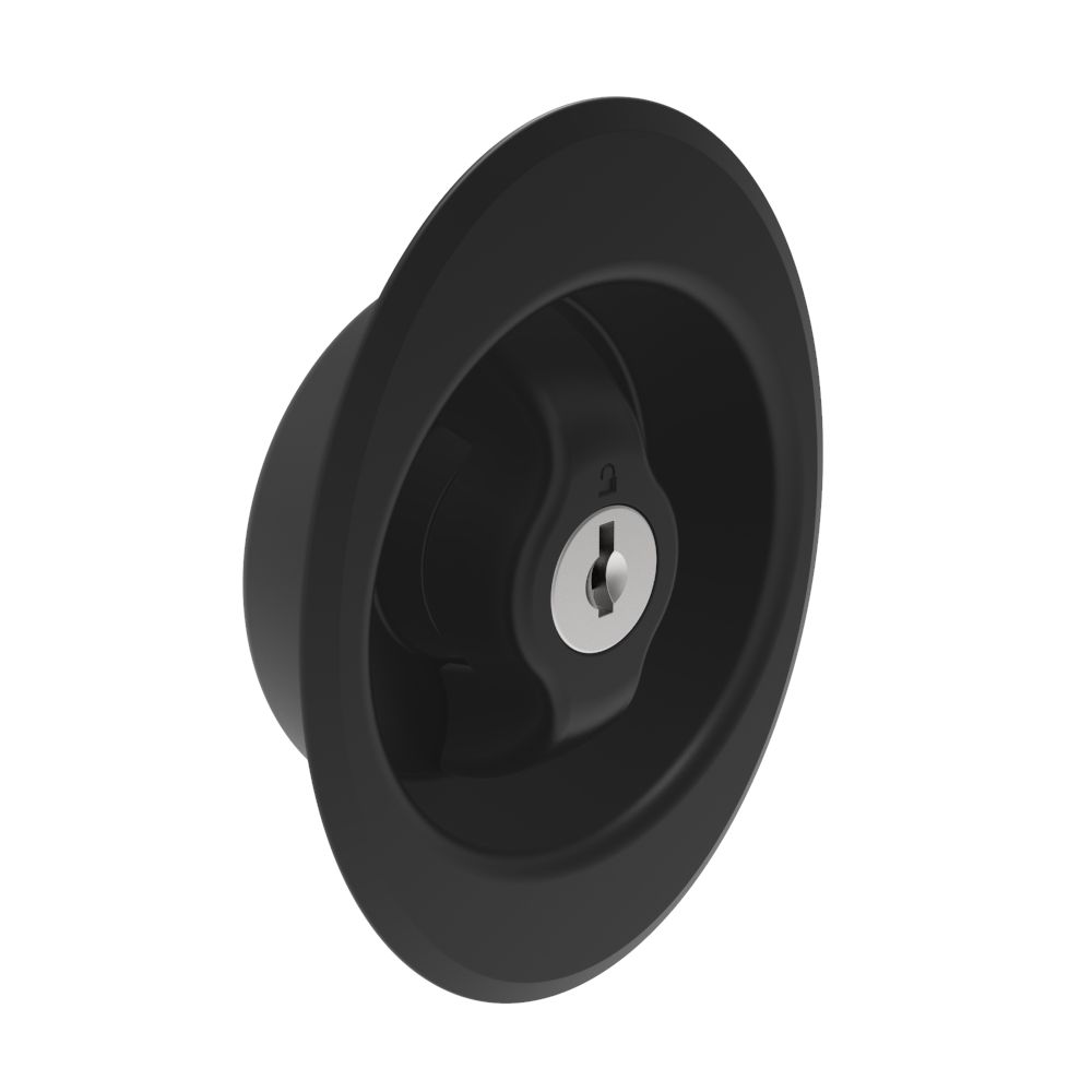 Southco Quarter-Turn Cam Latch, Counter-Clockwise to Latch, Flush Cup Wing Style, Keylocking (CH751), Without Cam, Sealed, Zinc Alloy, Powder Coat, Black