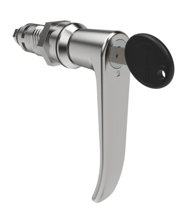 Southco Quarter-Turn Cam Latch, Key Locking (Reversible Key), L-Handle, Without Cam, Sealed, Zinc Alloy, Chrome Plated, Bright