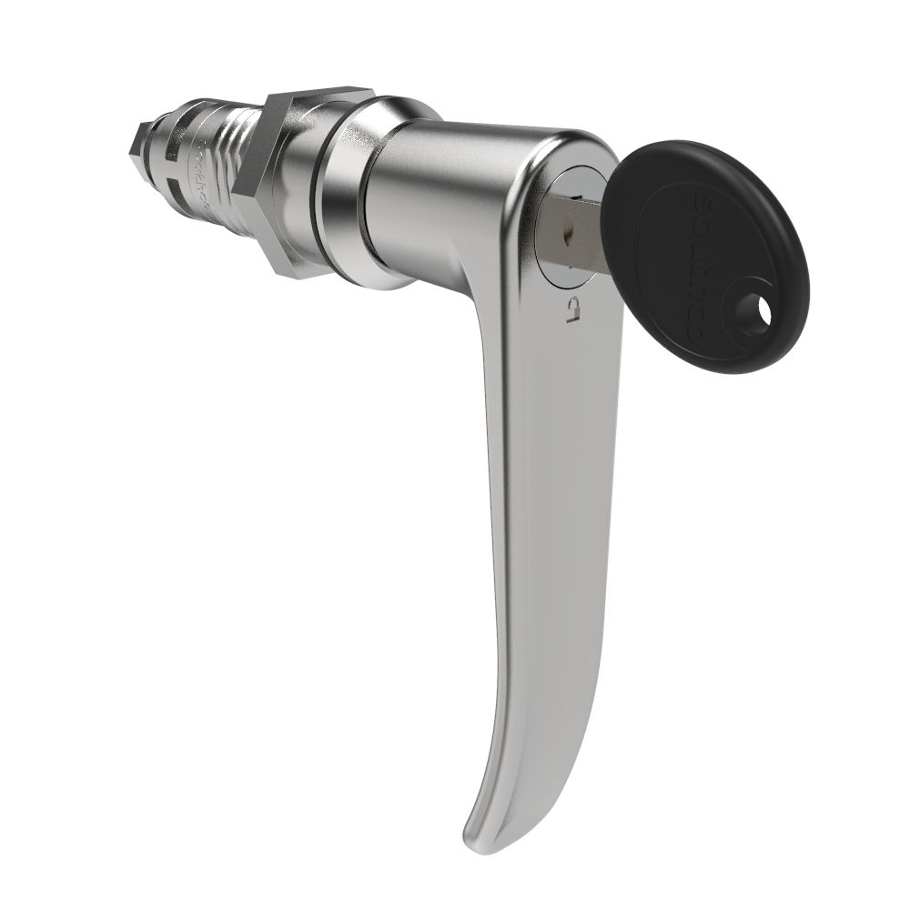 Southco Quarter-Turn Cam Latch, Key Locking (Reversible Key), L-Handle, Without Cam, Sealed, Zinc Alloy, Chrome Plated, Bright