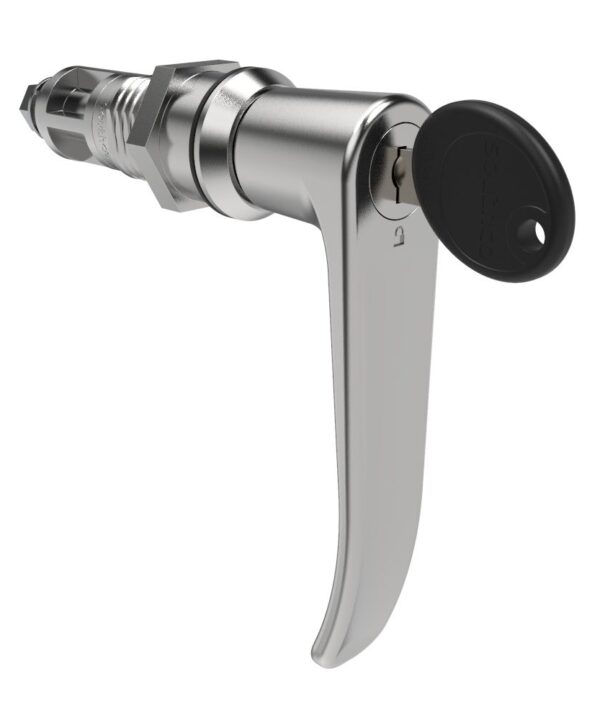 Southco Quarter-Turn Cam Latch, Key Locking (Reversible Key), L-Handle, Without Cam, Sealed, Zinc Alloy, Chrome Plated, Bright