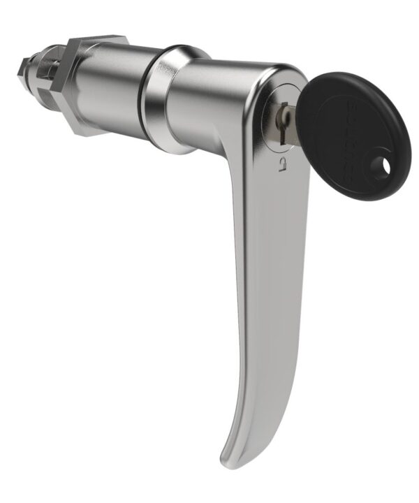 Southco Quarter-Turn Cam Latch, Key Locking (Reversible Key), L-Handle, Without Cam, Sealed, Zinc Alloy, Chrome Plated, Bright